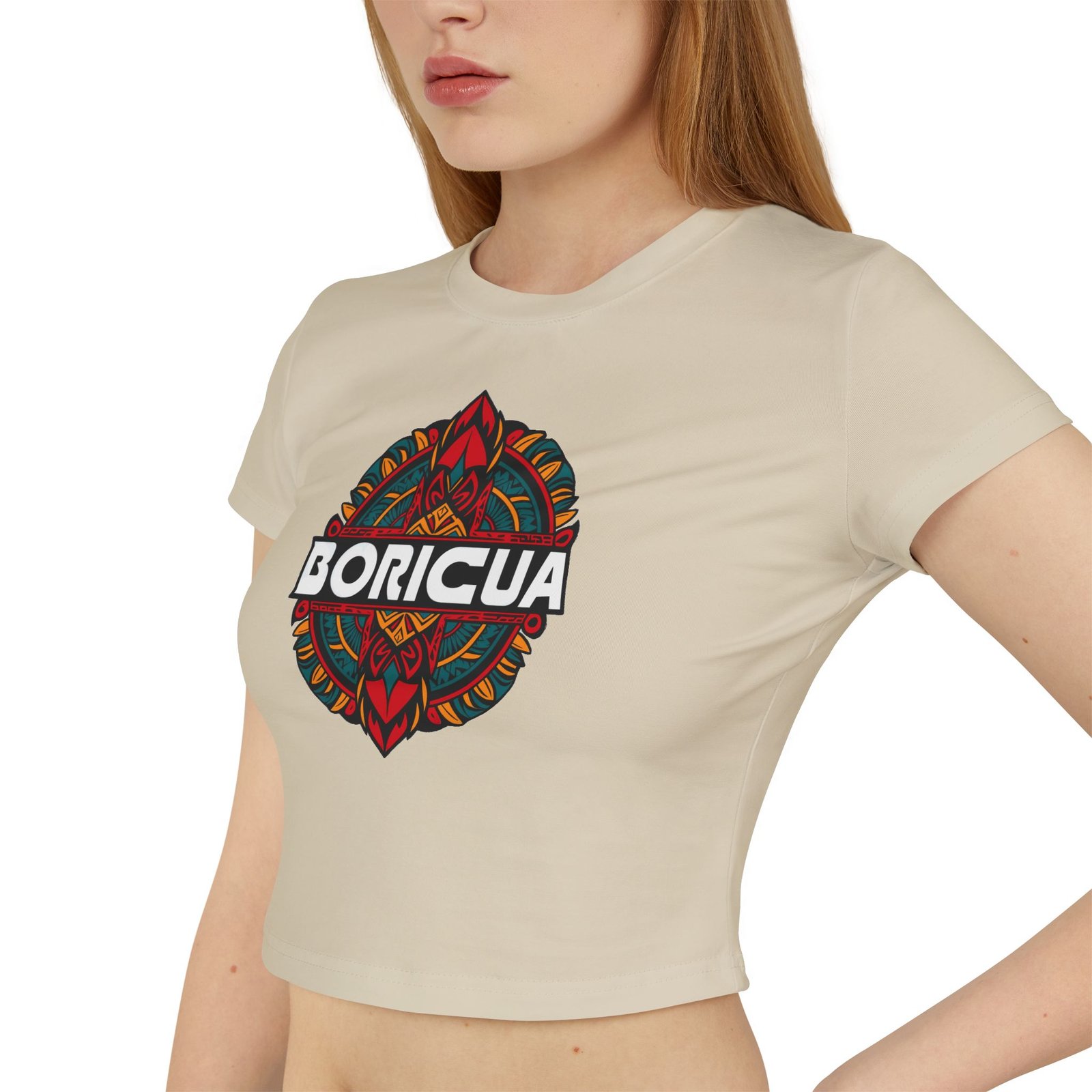 Tropical Surf Women's Baby Tee - Boricua Tribal 1 - Black | Sand | Pink - Image 4