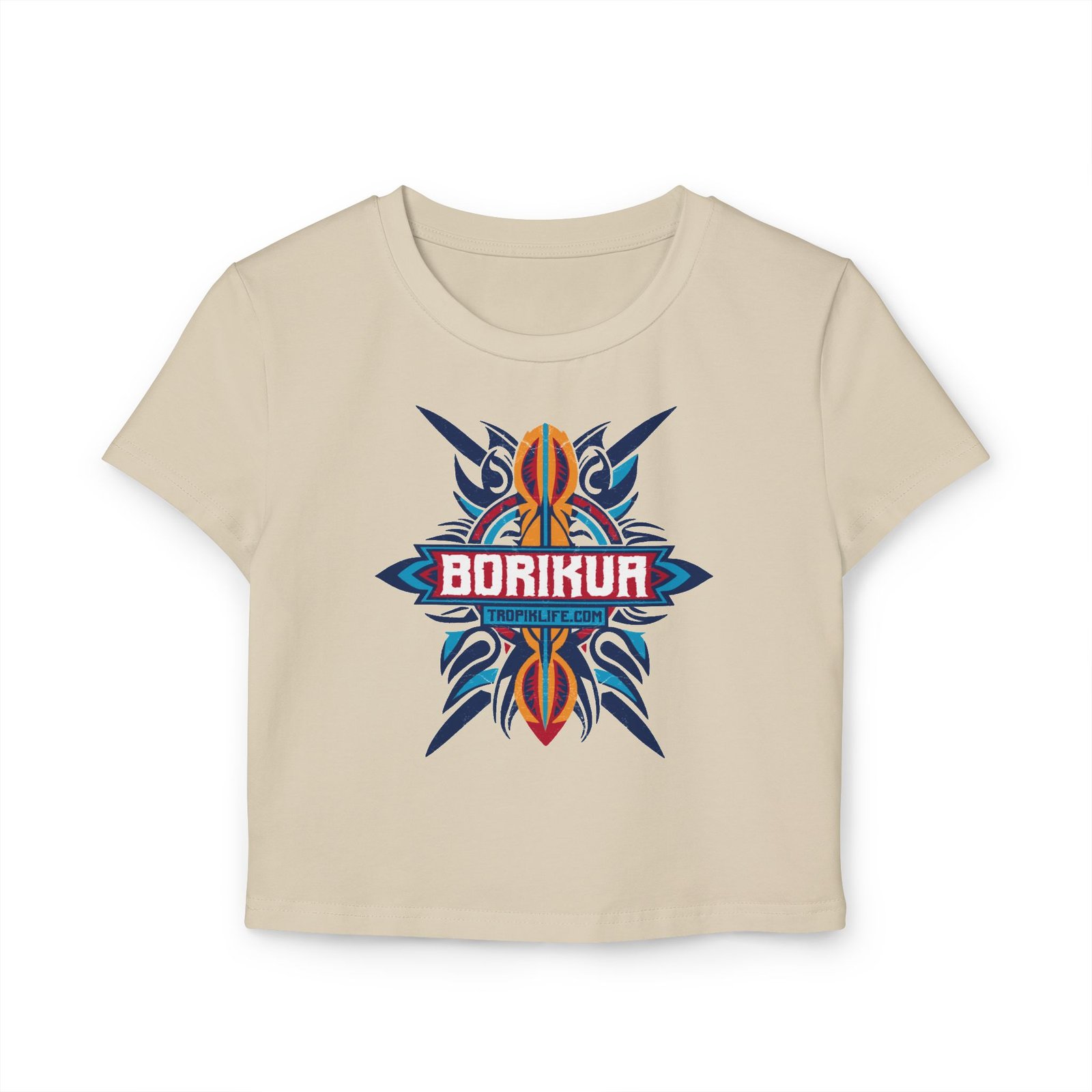 Tropical Surf Women's Baby Tee - Boricua Tribal 2 - White | Sand | Pink - Image 3
