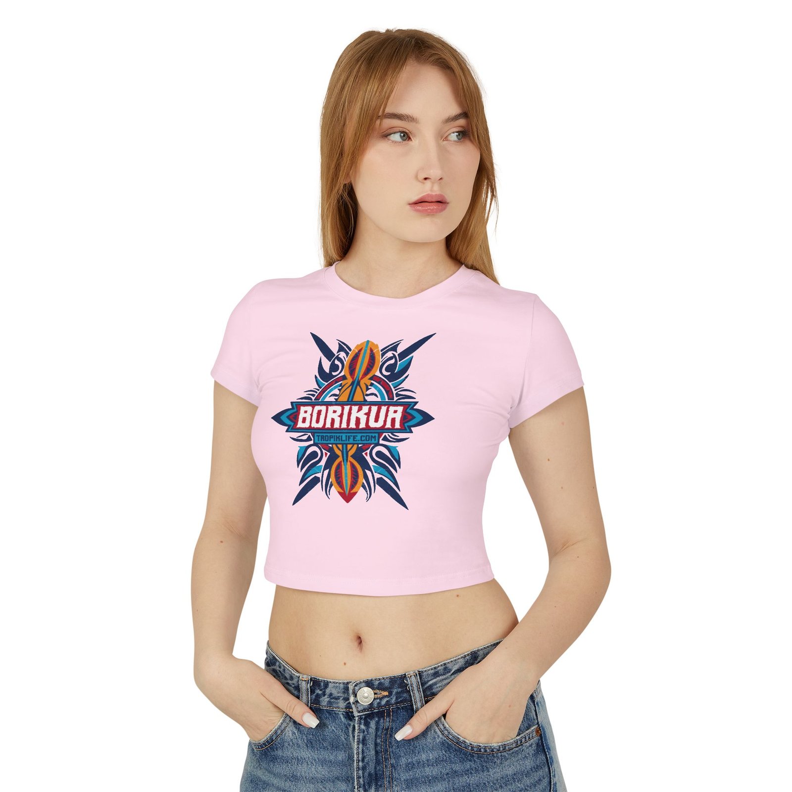 Tropical Surf Women's Baby Tee - Boricua Tribal 2 - White | Sand | Pink - Image 6