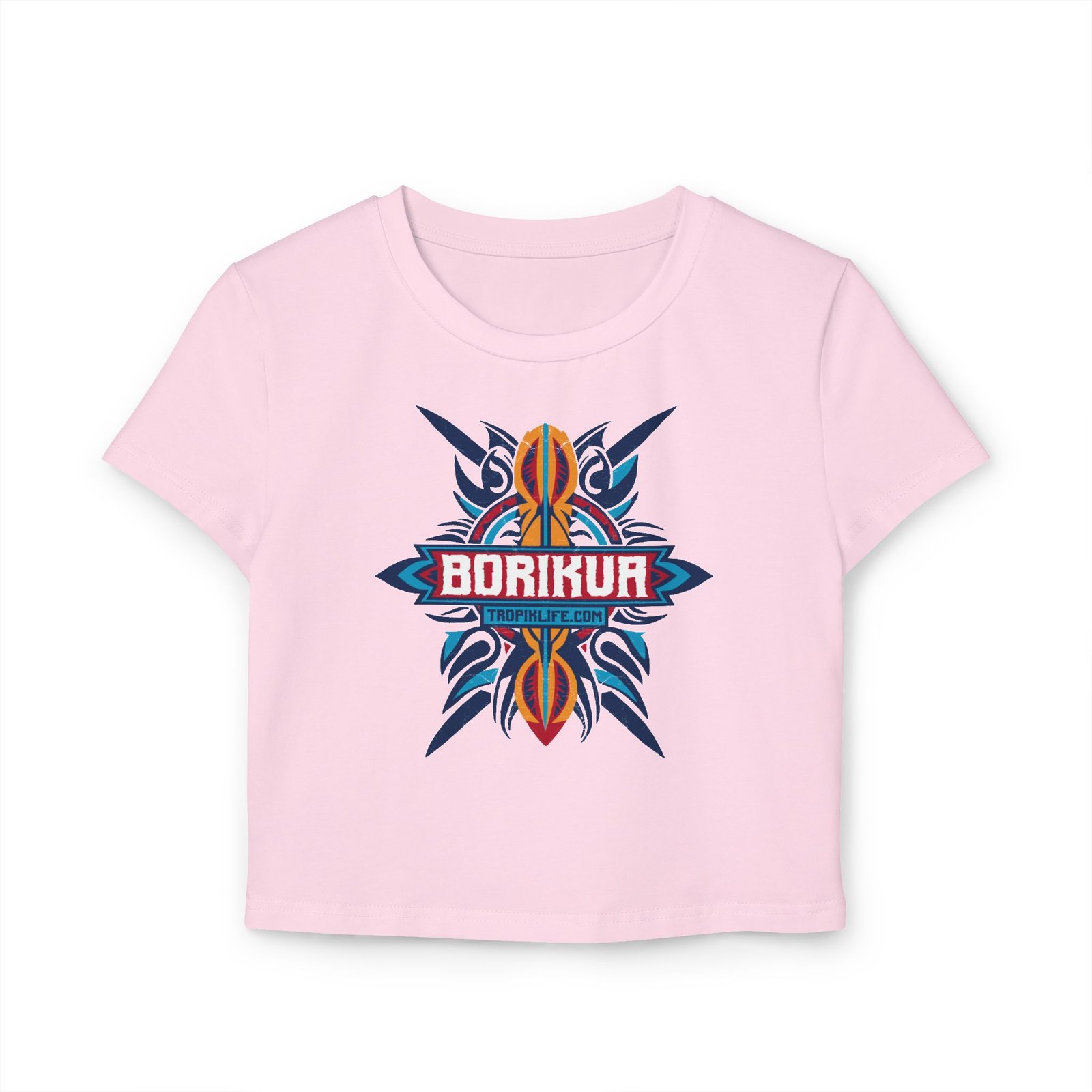Tropical Surf Women's Baby Tee - Boricua Tribal 2 - White | Sand | Pink - Image 5