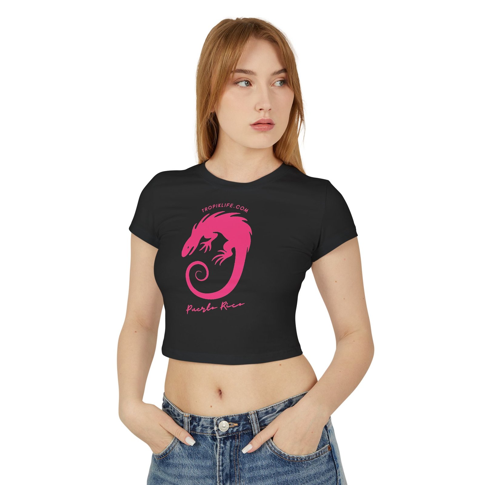 TROPIKLIFE Women's Baby Tee - Iguana - White | Black | Pink - Image 5