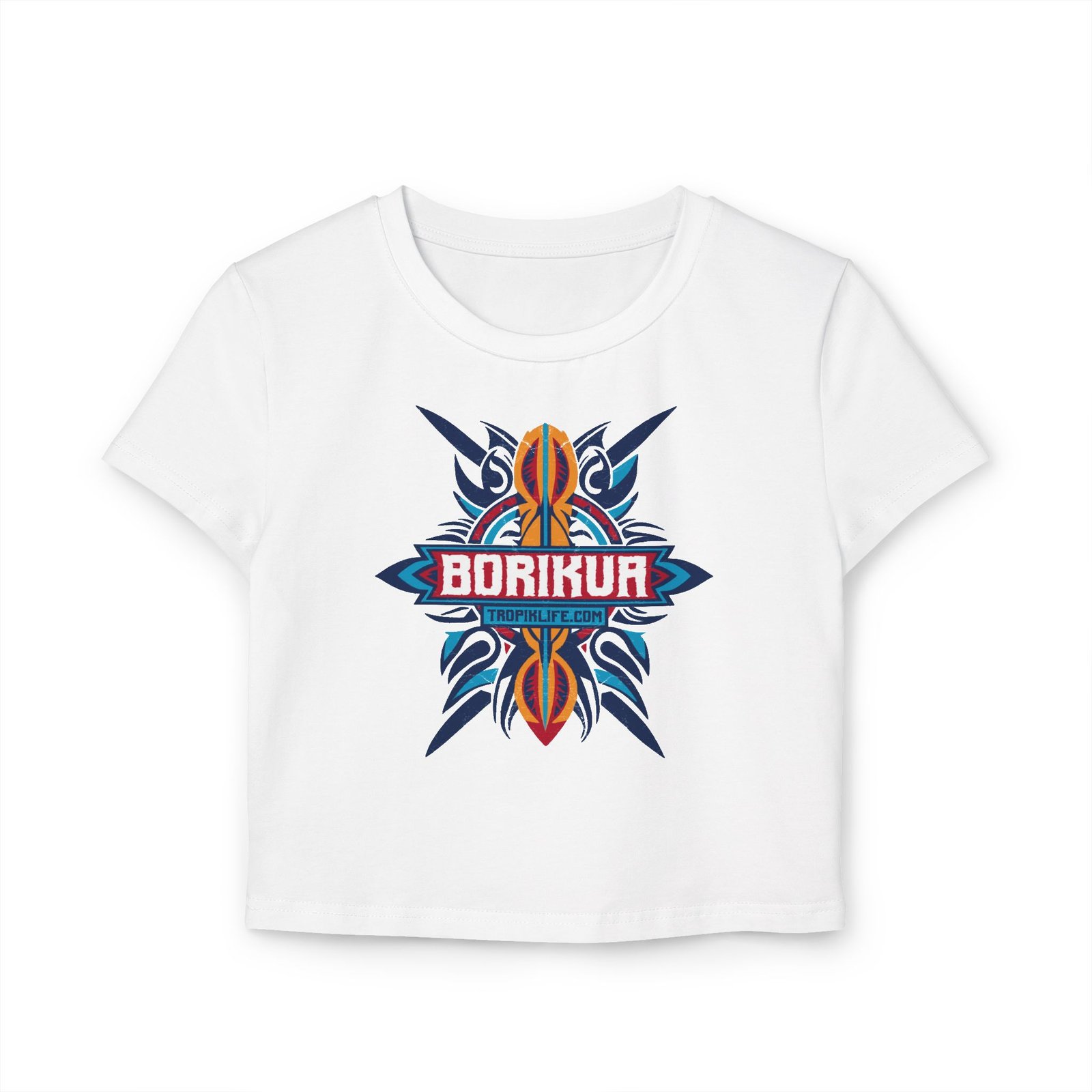 Tropical Surf Women's Baby Tee - Boricua Tribal 2 - White | Sand | Pink - Image 2