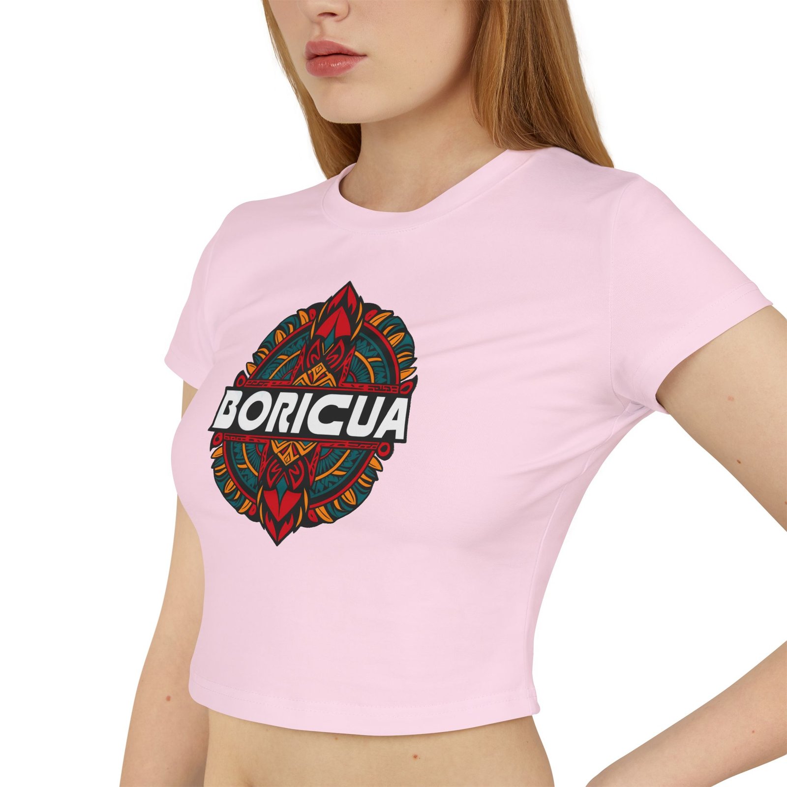Tropical Surf Women's Baby Tee - Boricua Tribal 1 - Black | Sand | Pink - Image 6