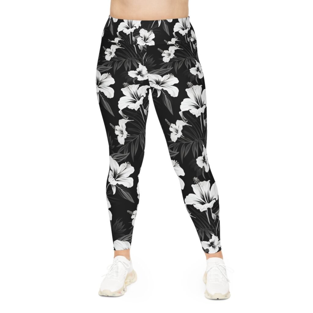 Plus Size Leggings - TROPIKLIFE Caribean Flora Black & White