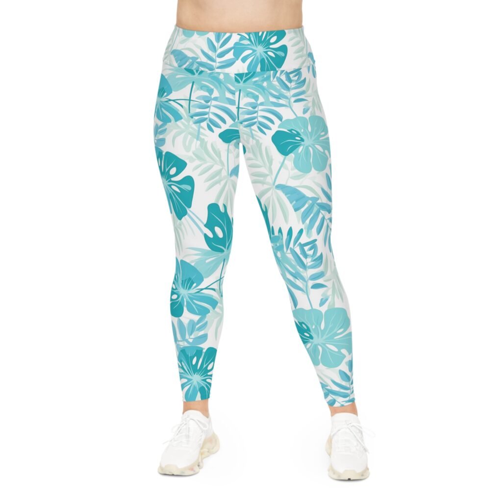 Plus Size Leggings - TROPIKLIFE Flora Aquamarine